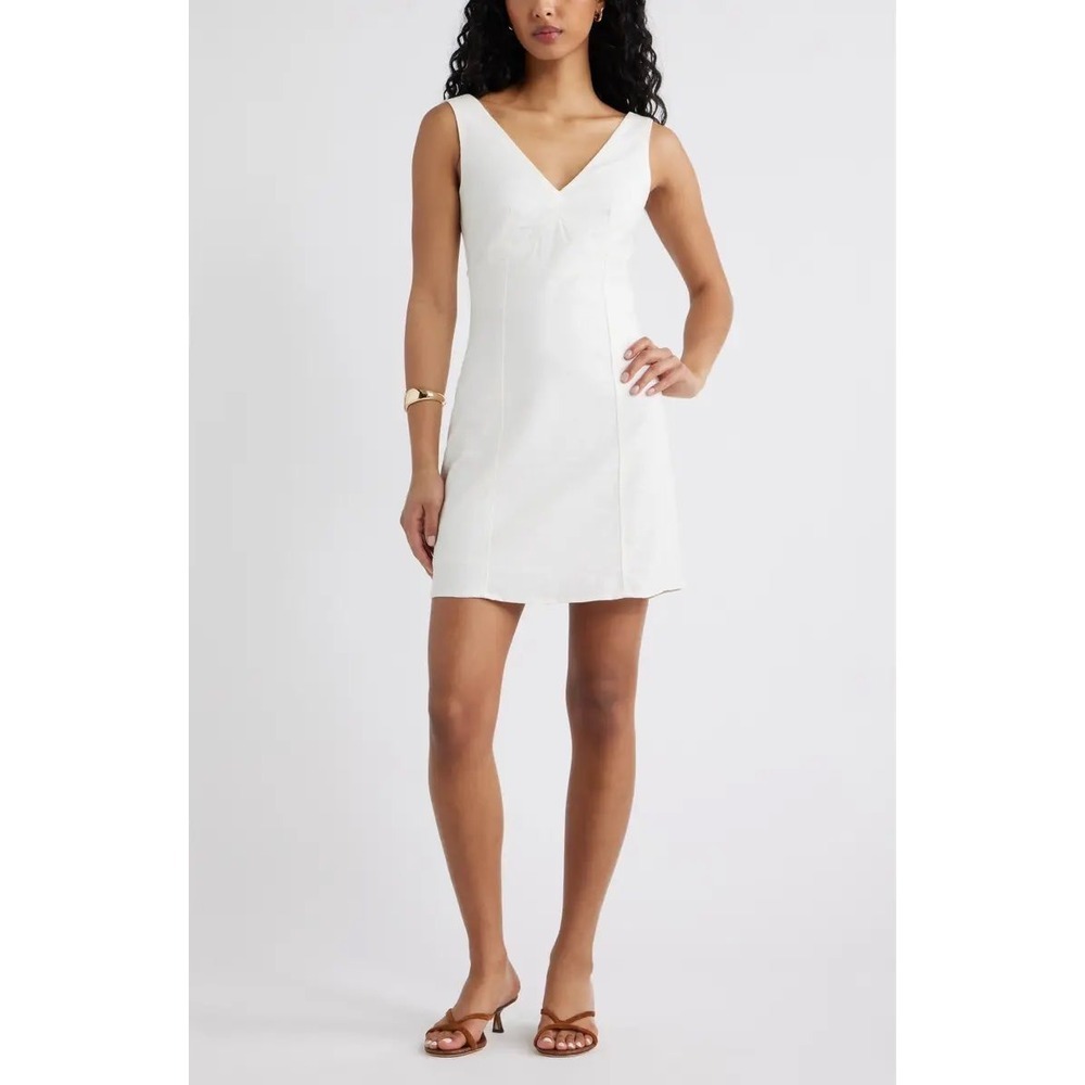 Open Edit White Linen Blend V-Neck Tie Back Mini Dress Sleeveless Womens Large